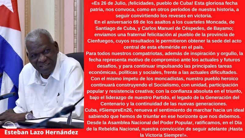 Felicita presidente del Parlamento al pueblo por el 26 de Julio