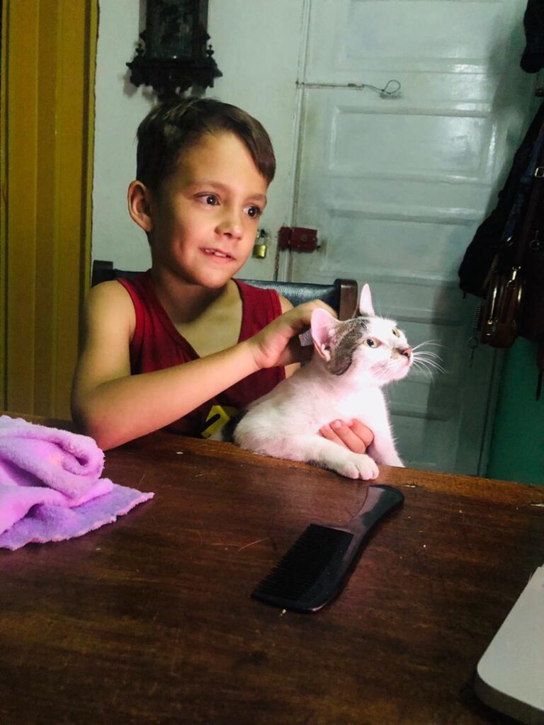 Eithan junto a la gata rescatada por su mamá. Fotografías: Cortesía de la mamá del entrevistado