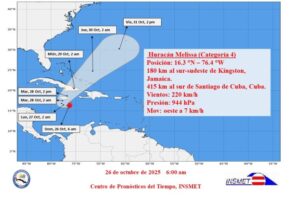 Aviso de ciclón tropical No. 12: Melissa ya es un huracán categoría 4