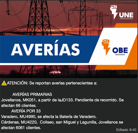Averías en Matanzas 19-3-2026. Foto: captura tomada del canal de Whatsapp de la Empresa Eléctrica de Matanzas