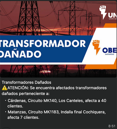 Averías transformadores en Matanzas, 23 de marzo de 2026
