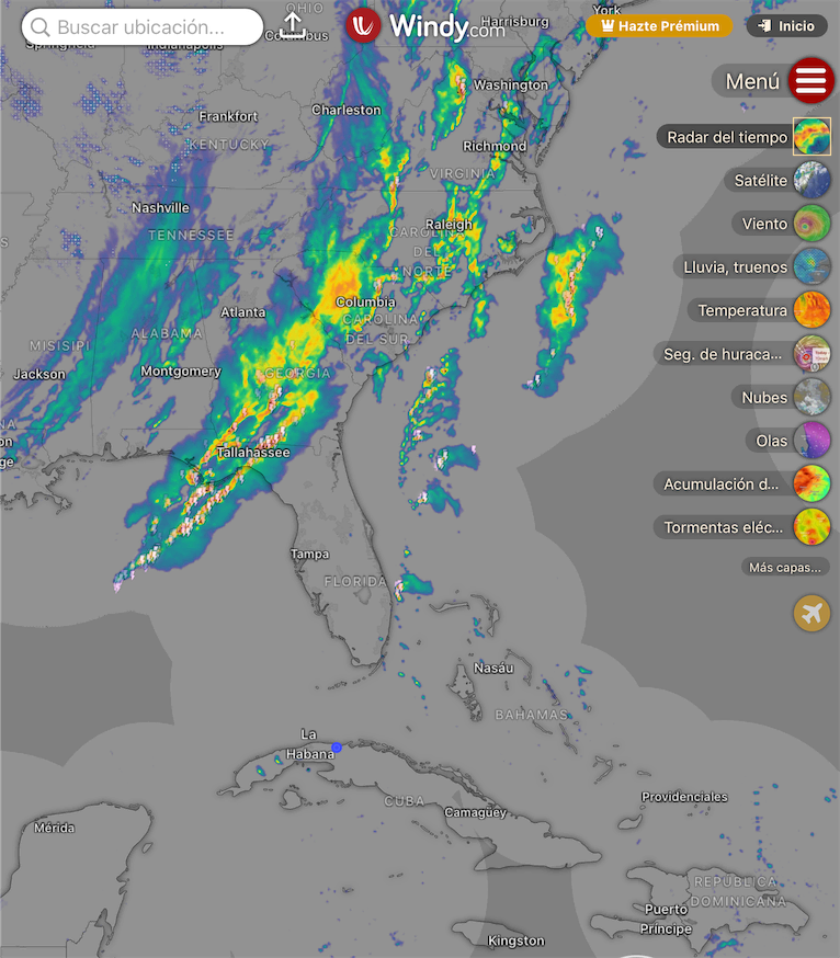 Bandas de nubes y lluvias sobre Florida. Foto: Captura Radar del Tiempo en Windy, 10:50 am