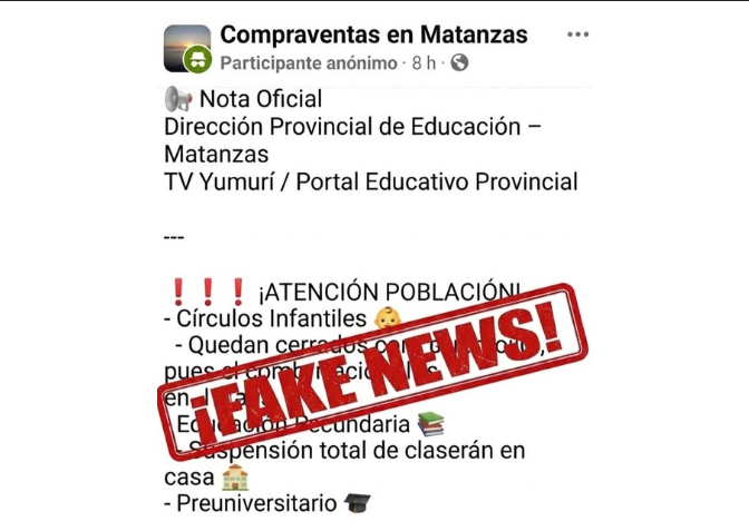 Fake News sobre educación en Matanzas. Imagen: captura tomada de la página de Facebook de TV Yumurí