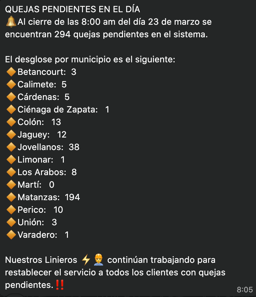 Quejas pendientes 23 de marzo de 2026 Empresa Eléctrica Matanzas