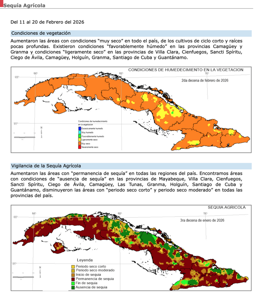 Sequía agrícola en Cuba enero-febrero de 2026. Foto: captura del sitio del Instituto de Meteorología de Cuba