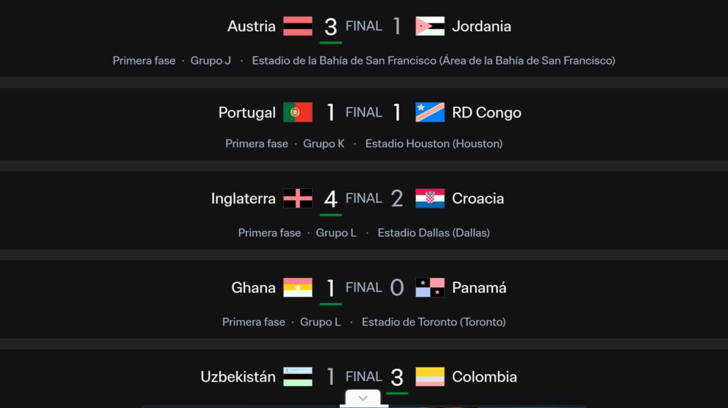 Resultados Copa Mundial de Fútbol 2026, día 17 de junio. Captura tomada del sitio del evento