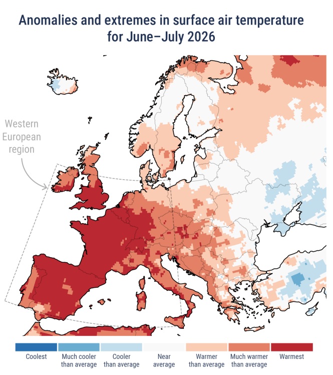 Mapa de anomalías de temperatura en Europa. Fuente: C3S/ECMWF